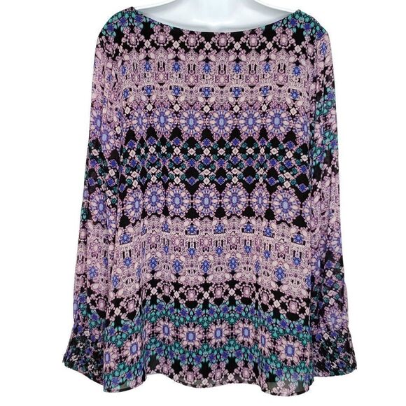 NEW Jennifer Lopez Cold Shoulder Blouse 1X Abstract Jewelry Print Black Purple - Picture 7 of 10